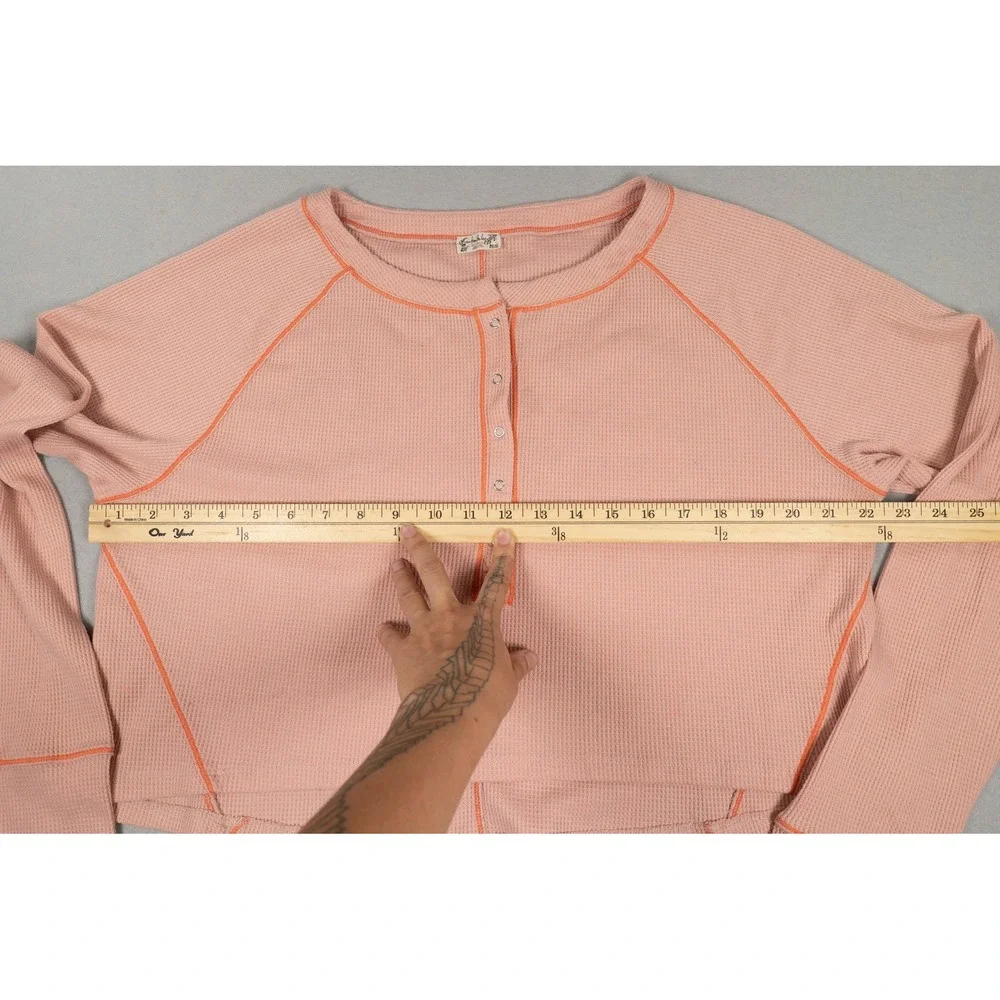 Intimately Free People Thermal Henley Top Pink Orange Contrast Stitch Cropped L
